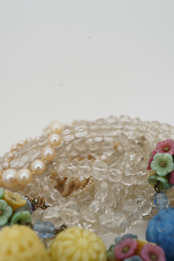 A collection of jewels including a Victorian multi-strand seed pearl necklace with a blue enamel and rose-cut diamond clasp, case stamped Watherston; an Edwardian multi-strand seed pearl necklace, to a gold barrel clasp,